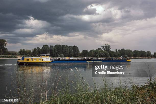 Fluvia HH GmbH tanker barge sails along the Rhine River in Nierstein, Germany, on Wednesday, July 19, 2023. With water regularly receding to levels...