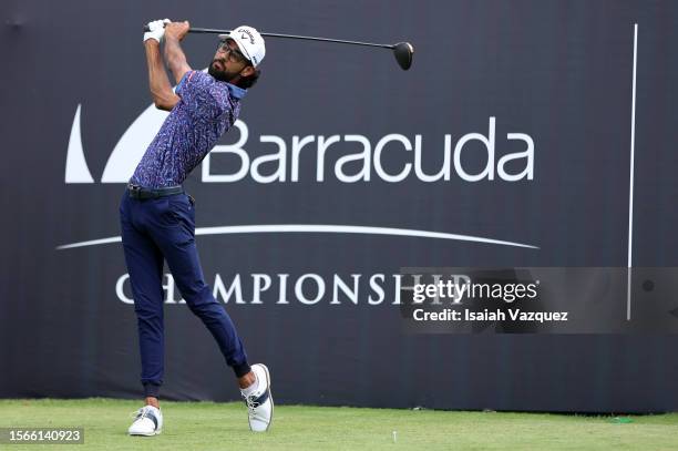 Akshay Bhatia of the United States plays his shot from the 18th tee during the final round of the Barracuda Championship at Tahoe Mountain Club on...