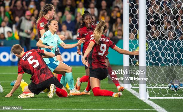 Hayley Raso of Australia scores a goal during the FIFA Women's World Cup Australia & New Zealand 2023 Group B match between Canada and Australia at...