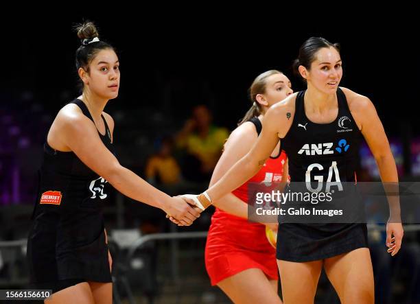Maia Wilson and Ameliaranne Ekenasio of New Zealand react during the Netball World Cup 2023, Pool G match between Wales and New Zealand at Cape Town...