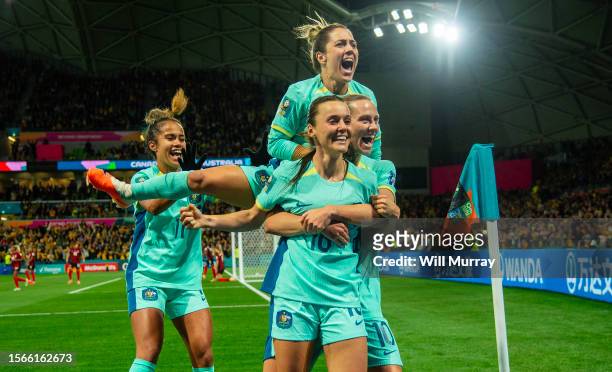 Hayley Raso of Australia celebrates her 2nd goal during the FIFA Women's World Cup Australia & New Zealand 2023 Group B match between Canada and...