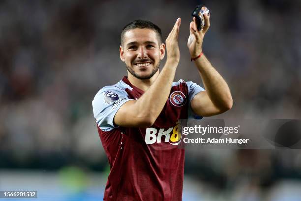 Emi Buendía of Aston Villa reacts following a 3-3 tie with Newcastle United during a Premier League Summer Series match between Aston Villa and...