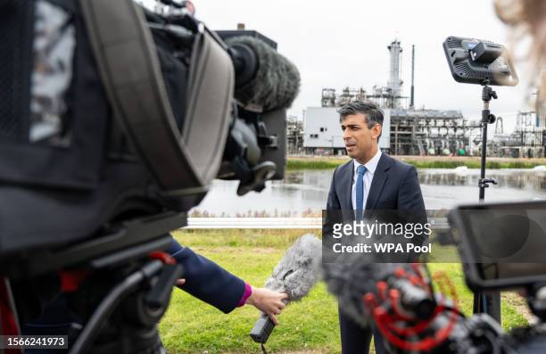 Prime Minister Rishi Sunak speaks to the media during his visit to Shell St Fergus Gas Plant in Peterhead, for the announcement of further measures...
