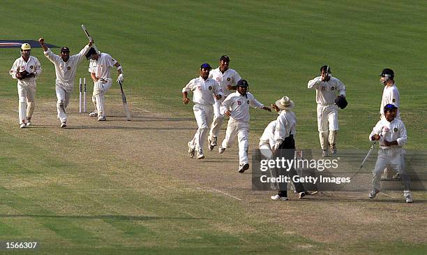 The Indians celebrate the win as the final wicket falls, during day five of the 2nd Test between India and Australia played at Eden Gardens,...