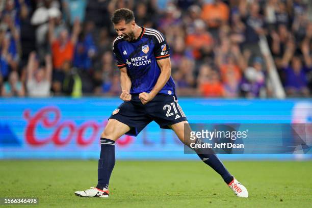 Matt Miazga of FC Cincinnati reacts after converting a penalty kick during a penalty shootout against Sporting Kansas City in a Leagues Cup game at...