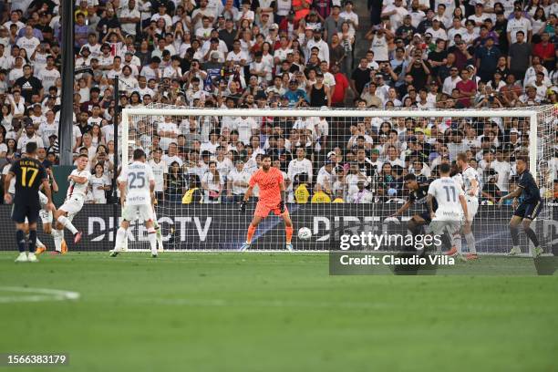 Marco Sportiello of AC Milan in action during the Pre Season Friendly match between Real Madrid and AC Milan at Rose Bowl Stadium on July 23, 2023 in...