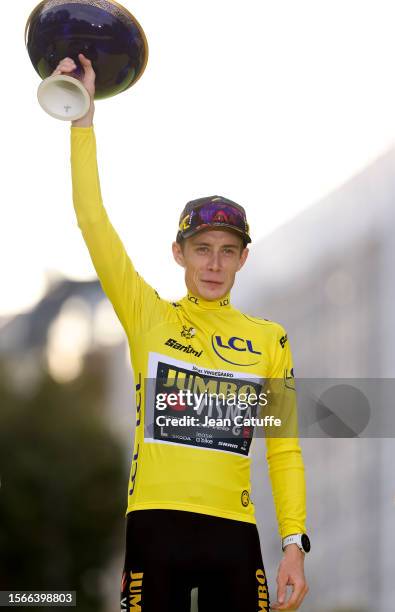 Tour de France 2023 winner, yellow jersey Jonas Vingegaard of Denmark and Jumbo - Visma celebrates during the podium ceremony following stage...