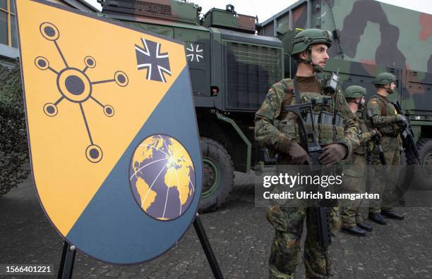 Boris Pistorius, Federal Defense Minister, visits the Bundeswehr's cyber force on July 31, 2023 in Rheinbach, Germany. The official coat of arms and...