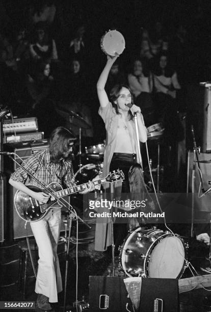 Guitarist Steve Hackett and singer Peter Gabriel performing with progressive rock group Genesis at Newcastle City Hall, 1st October 1972.