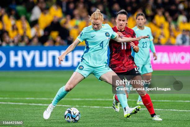 Clare Polkinghorne of Australia plays against Evelyne Viens of Canada during the FIFA Women's World Cup Australia & New Zealand 2023 Group B match...