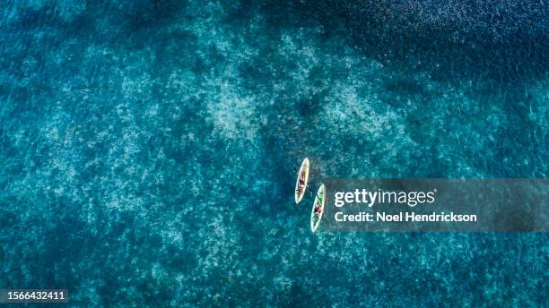 aerial view of tropical sea with two people kayaking - ilhas caimãs - fotografias e filmes do acervo