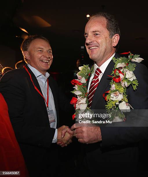 Labour leader David Shearer is congratulated by Phil Goff after his annual speech during the Labour Party annual conference at Ellerslie Racecourse...