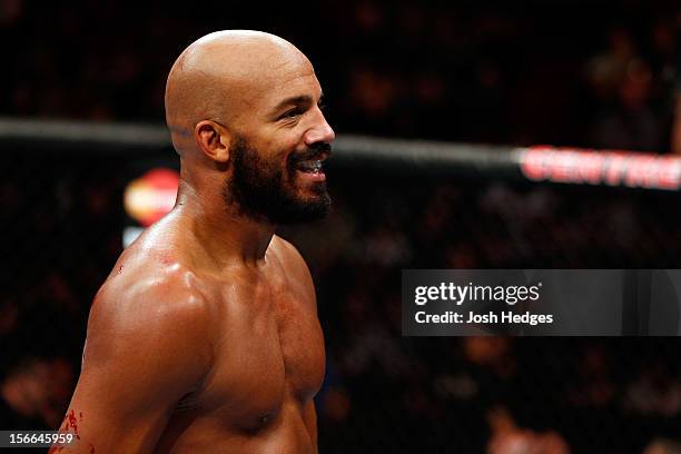 Cyrille Diabate celebrates after defeating Chad Griggs in their light heavyweight bout during UFC 154 on November 17, 2012 at the Bell Centre in...