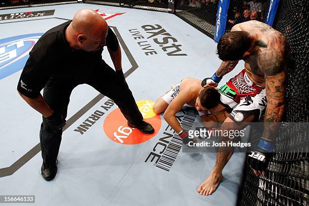 Alessio Sakara punches Patrick Cote in the back of the head during their middleweight bout during UFC 154 on November 17, 2012 at the Bell Centre in...