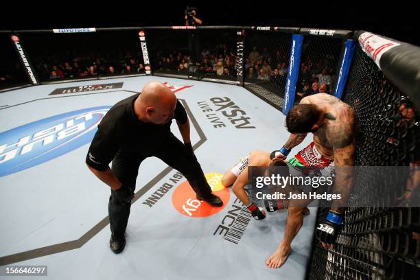 Alessio Sakara punches Patrick Cote in the back of the head as referee Dan Miragliotta looks on during their middleweight bout during UFC 154 on...