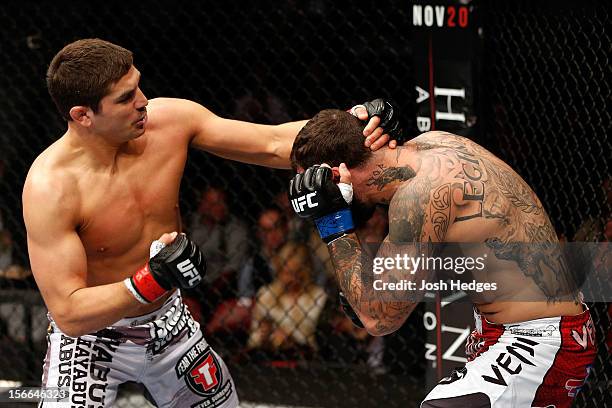 Alessio Sakara fights against Patrick Cote in their middleweight bout during UFC 154 on November 17, 2012 at the Bell Centre in Montreal, Canada.