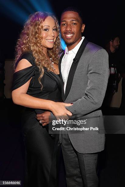 Singer Mariah Carey and TeenNick Chairman and HALO Awards host Nick Cannon attend Nickelodeon's 2012 TeenNick HALO Awards at Hollywood Palladium on...