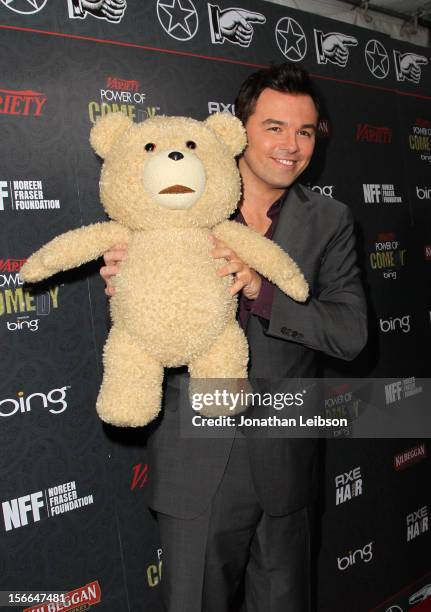 Honoree Seth MacFarlane poses with Ted during arrivals at Variety's 3rd annual Power of Comedy event presented by Bing benefiting the Noreen Fraser...