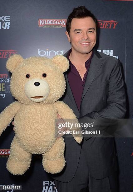 Honoree Seth MacFarlane poses with Ted during arrivals at Variety's 3rd annual Power of Comedy event presented by Bing benefiting the Noreen Fraser...