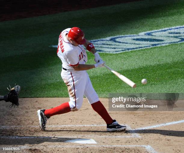 Thirdbaseman Ryan Zimmerman of the Washington Nationals singles to leftfield during the bottom of the fifth inning of Game Three of the National...