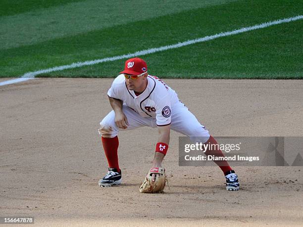 Thirdbaseman Ryan Zimmerman of the Washington Nationals gets ready for the next pitch during the top of the seventh inning of Game Three of the...