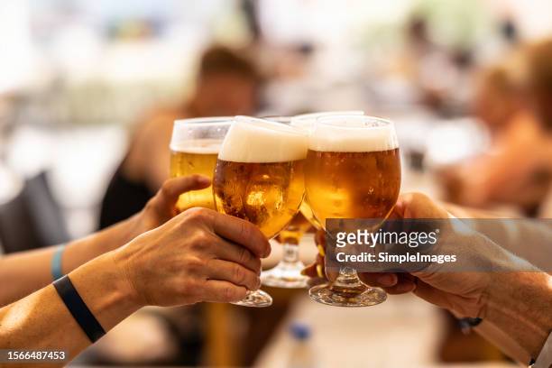 group of friends toasting with beer on the terrace during hot summer days. - bar outside stock-fotos und bilder