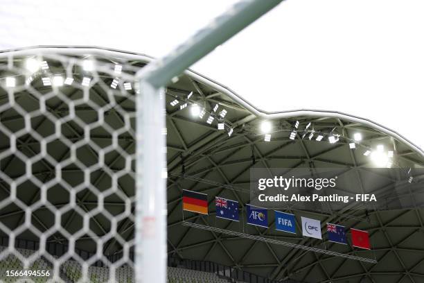 General view inside the stadium as flags of each nation are seen during the FIFA Women's World Cup Australia & New Zealand 2023 Group H match between...