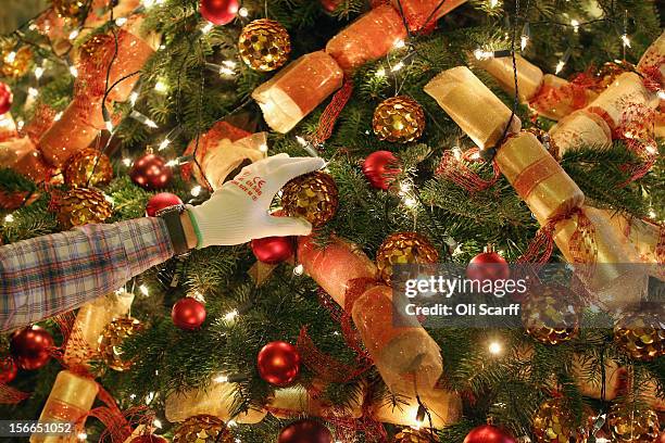 National Trust employee adjusts the Christmas decorations on the tree in the Bedroom Corridor of Waddesdon Manor on November 16, 2012 in Aylesbury,...