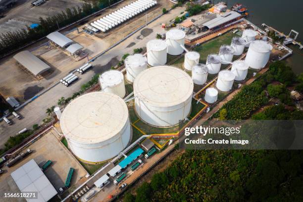 Loading Refinery Aerial View Fuel Truck Load Or Unload Oil From Loading Station For ...