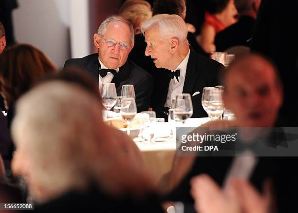 German Finance Minister Wolfgang Schaeuble and Former German President Richard von Weizaecker speak at the academy of the Jewish Museum in Berlin on...