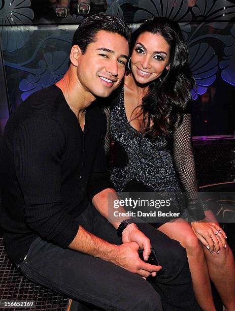 Television personality Mario Lopez and his fiancee Courtney Mazza appear at Mazza's bachelorette party at The Bank Nightclub at the Bellagio on...