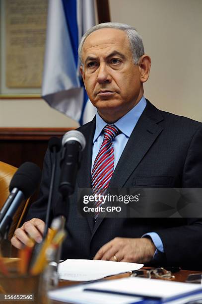 In this handout image provided by the Israeli Government Press Office , Israeli Prime Minister Benjamin Netanyahu attends the weekly cabinet meeting...