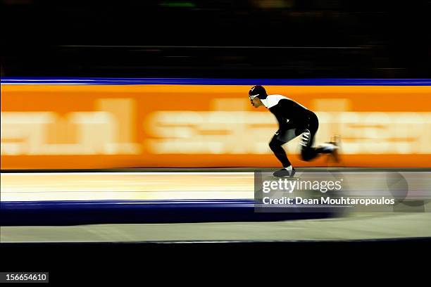 Gilmore Junio of Canada competes in the Division A 500m race on the final day of the Essent ISU World Cup Speed Skating at Thialf Ice Stadium on...