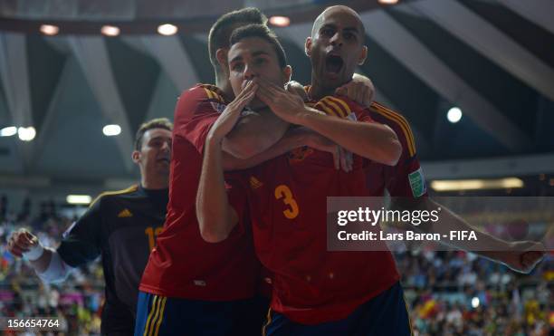 Aicardo of Spain celebrates after scoring his teams second goal during the FIFA Futsal World Cup Final at Indoor Stadium Huamark on November 18, 2012...