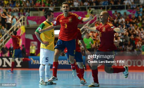 Aicardo of Spain celebrates after scoring his teams second goal during the FIFA Futsal World Cup Final at Indoor Stadium Huamark on November 18, 2012...