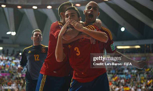 Aicardo of Spain celebrates after scoring his teams second goal during the FIFA Futsal World Cup Final at Indoor Stadium Huamark on November 18, 2012...