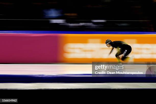 Keiichiro Nagashima of Japan competes in the Division A 500m race on the final day of the Essent ISU World Cup Speed Skating at Thialf Ice Stadium on...