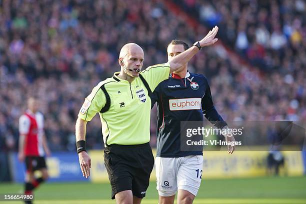 Referee Sebastien Delferiere, Ricardo Ippel of Willem II during the Dutch Eredivisie match between Feyenoord and Willem II at the Stadium De Kuip on...