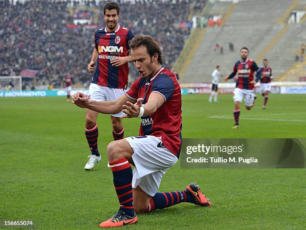 Alberto Gilardino of Bologna celebrates after scoring the opening goal during the Serie A match between Bologna FC and US Citta di Palermo at Stadio...