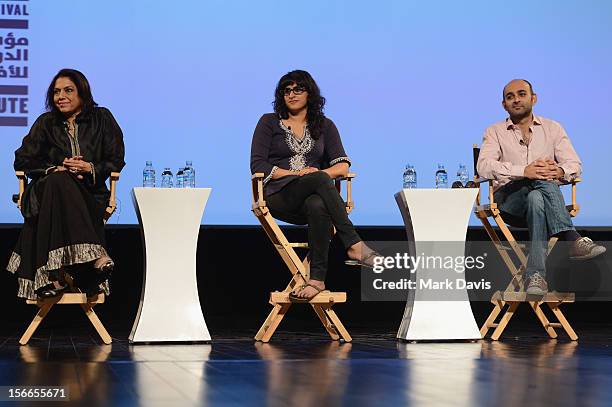 Director Mira Nair and screenwriter Ami Boghani with novellist Mohsin Hamid attend the Global Landscape Making The Reluctant Fundamentalist at the...