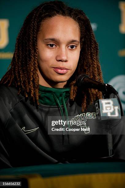 Brittney Griner of the Baylor University Bears speaks to the media after defeating the University of Kentucky Wildcats on November 13, 2012 at the...