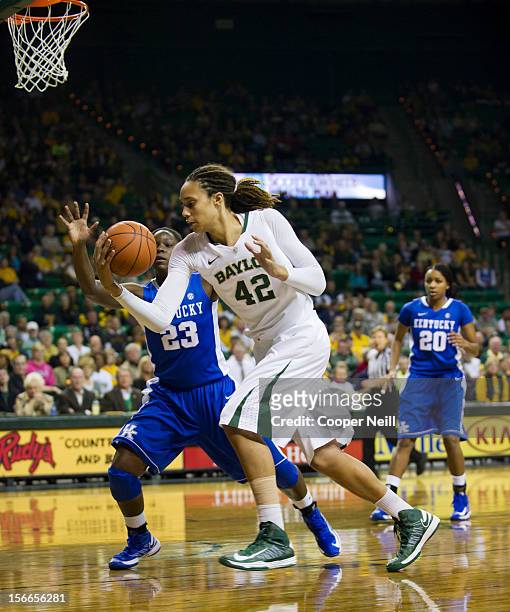 Brittney Griner of the Baylor University Bears drives to the basket against the University of Kentucky Wildcats on November 13, 2012 at the Ferrell...