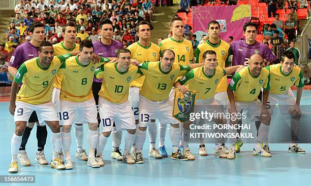Brazilian players pose for group photo prior to meeting Spain and emerging victorious in the final match of the FIFA Futsal World Cup 2012 in Bangkok...