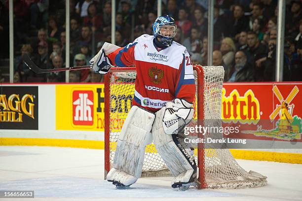 Andrei Makarov of team Russia defends net against the WHL All-Stars during Game One of the WHL-Russia Subway Super Series on November 2012 at Pacific...