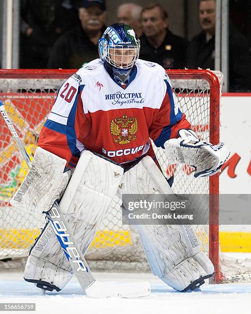 Andrei Makarov of team Russia defends net against the WHL All-Stars during Game One of the WHL-Russia Subway Super Series on November 2012 at Pacific...