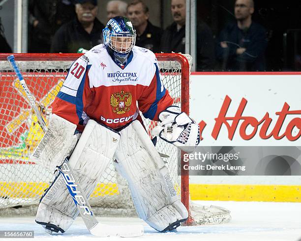 Andrei Makarov of team Russia defends net against the WHL All-Stars during Game One of the WHL-Russia Subway Super Series on November 2012 at Pacific...