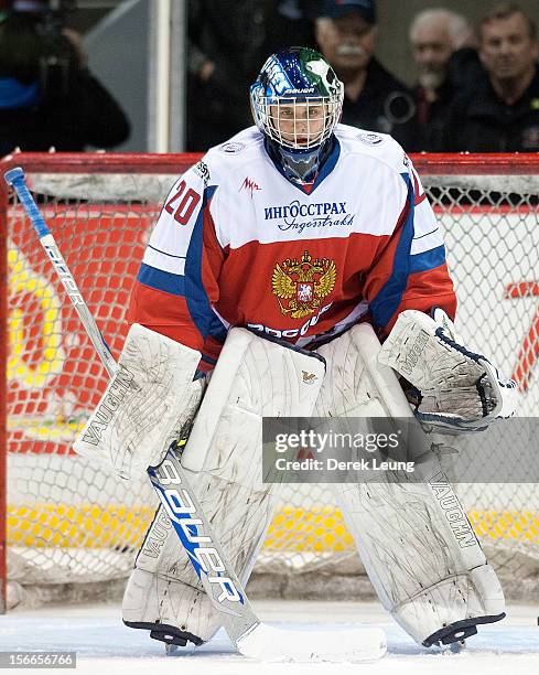 Andrei Makarov of team Russia defends net against the WHL All-Stars during Game One of the WHL-Russia Subway Super Series on November 2012 at Pacific...