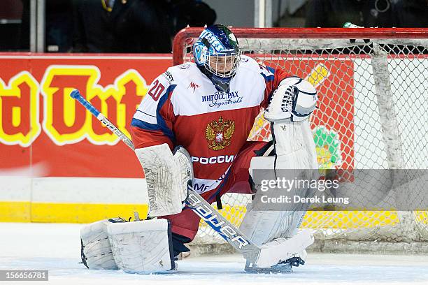 Andrei Makarov of team Russia defends net against the WHL All-Stars during Game One of the WHL-Russia Subway Super Series on November 2012 at Pacific...