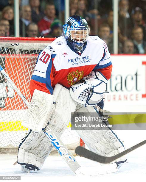 Andrei Makarov of team Russia defends net against the WHL All-Stars during Game One of the WHL-Russia Subway Super Series on November 2012 at Pacific...