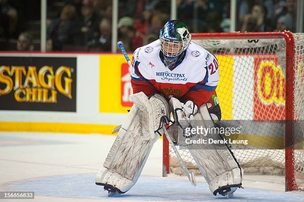 Andrei Makarov of team Russia defends net against the WHL All-Stars during Game One of the WHL-Russia Subway Super Series on November 2012 at Pacific...
